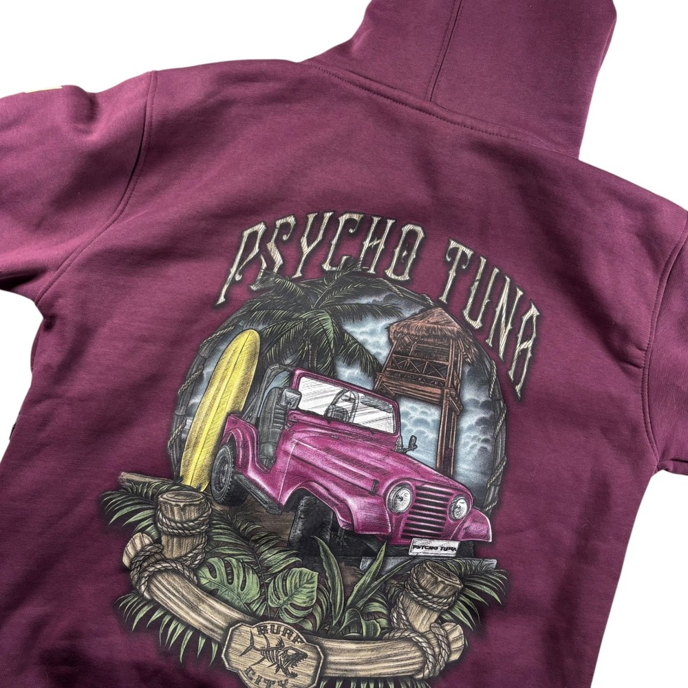 Psycho Tuna Hoodie Mens‎ S Maroon Surf City Graphic Jeep Fleece Hooded